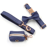 Custom Dog Collar with Leash Bow Tie Poop Bag Holder Dark Blue Jean Engraving Gold Buckle