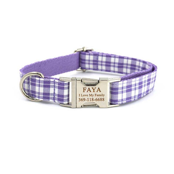 Personalized Dog Collar with Name Engraved Silver Metal Buckle - Purple Plaid