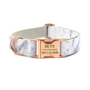 Personalized Dog Collar with Name Engraved Rose Gold Metal Buckle - Grey Marble