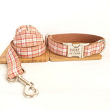 Personalized Orange Plaid Dog Collar with Name Engraved Metal Buckle Set