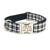 Personalized Dog Collar with Name Engraved Silver Metal Buckle - Black Plaid