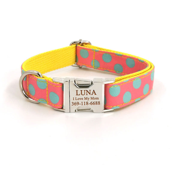 Personalized Dog Collar Engraved Quick Release Metal Buckle Spot Pink Yellow