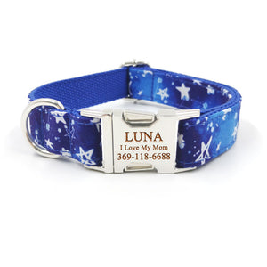 Personalized Dog Collar with Name Engraved Metal Buckle Cute Dark Blue Star
