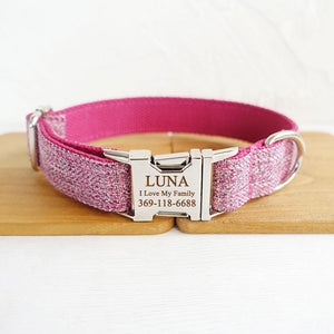 Personalized Dog Collar Pink Suit with Leash Bow Tie Engraved Metal Buckle
