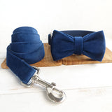 Custom Dog Collar with Leash Bow Tie Set Navy Blue Thick Velvet Metal Buckle