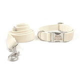 Custom Cute Dog Collar with Name Engraved Silver Metal Buckle - Cream Velvet