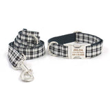 Personalized Dog Collar with Name Engraved Silver Metal Buckle - Black Plaid