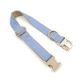 Custom Dog Collar Engraved with Leash Bow Tie Poop Bag Holder Light Blue Jean
