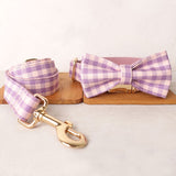 Personalized Dog Collar Set Engraved Gold Buckle Pink Plaid