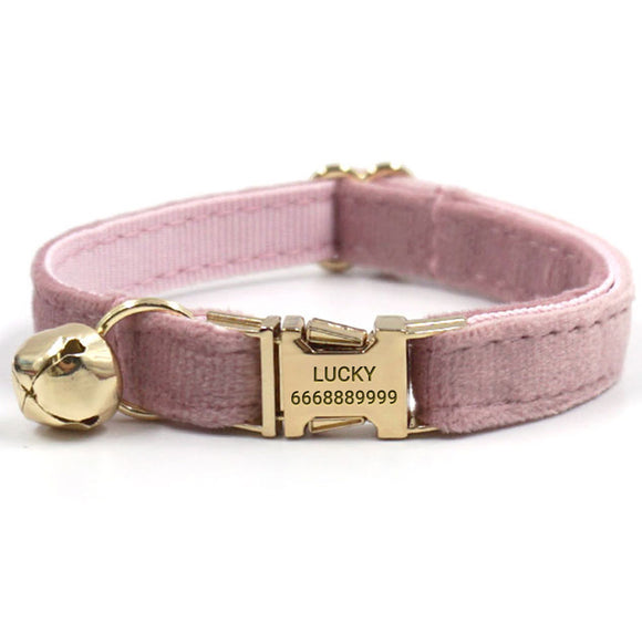 Personalized Cat Collar Engraved Gold Buckle Champagne Pink Velvet