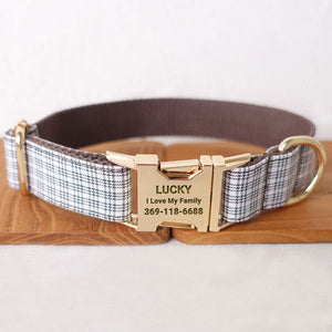 Personalized Dog Collar Set Engraved Gold Buckle White Brown Plaid