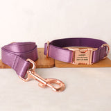 Personalized Dog Collar Set Engraved Rose Gold Buckle Purple Sating
