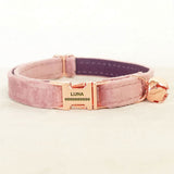 Custom Cat Collar with Bell Engraved Rose Gold Buckle Pink Purple Thick Velvet