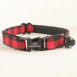 Personalized Cat Collar with Name Engraved Black Buckle Red Plaid