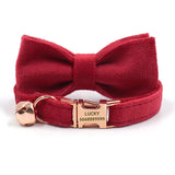 Personalized Cat Collar Set Engraved Rose Gold Buckle Red Velvet