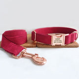 Personalized Dog Collar Engraved Rose Gold Metal Buckle Red Velvet