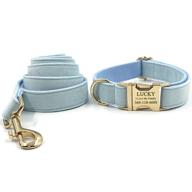 PETDURO Personalized Dog Collar Engraved Gold Buckle Sky Blue Velvet
