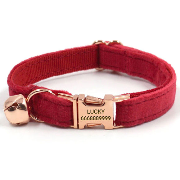 Burgundy Velvet Personalized Cat Collar With Dark Red Bow Tie 