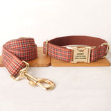 Personalized Dog Collar Set Engraved Gold Buckle Brown Plaid